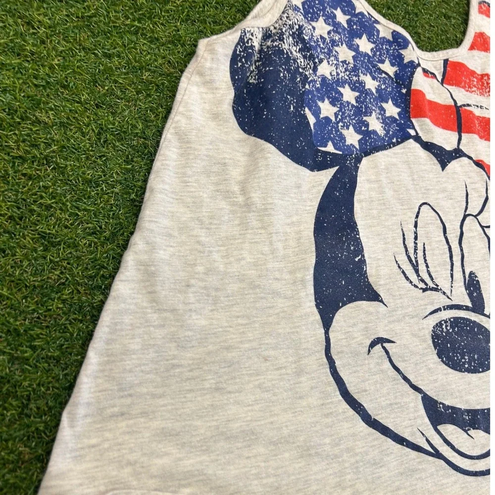 Disney Minnie Mouse Americana Patriotic Stars Stripes Tank Top Gray Large